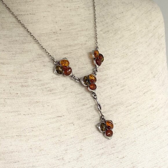 Sterling Silver 925 Multi Color Baltic Amber Flower Floral Y Necklace 16" -17.5" - Picture 5 of 16